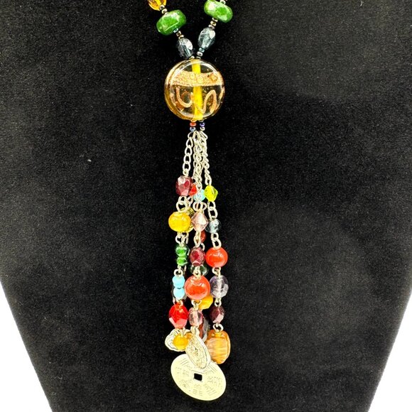 Southwestern Boho Multi Color Glass Beads and Faux Coins Tassel Necklace - Picture 3 of 6